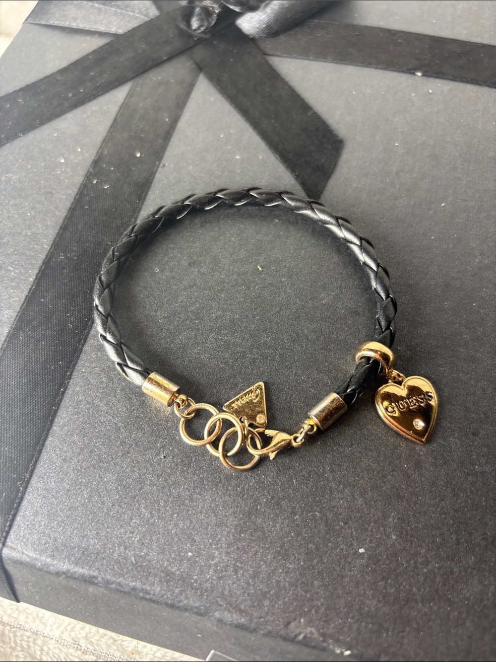 GUESS Black Braided Leather Bracelet with Gold Heart Charm Adjustable